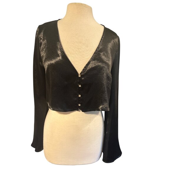 Womens Shiny Black Long Sleeve Button Front Crop Top - Picture 2 of 11